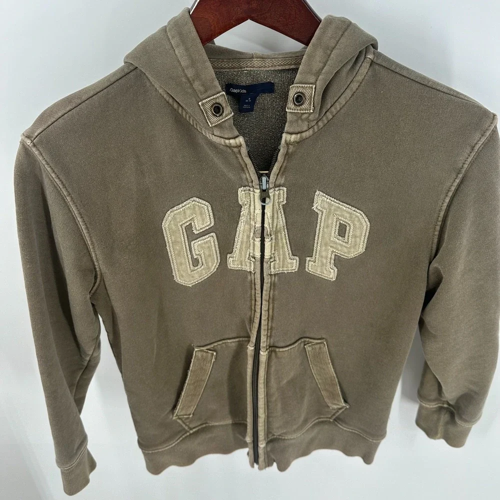 Vintage Y2K Gap Retro‎ Grunge Hooded Full Zip Sweatshirt Brown Size S (6-7)